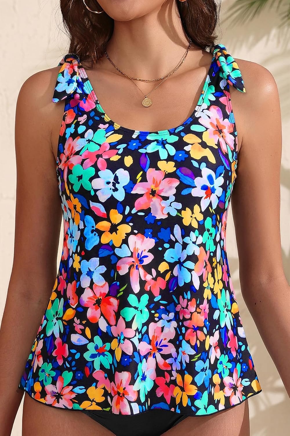 Women’s Flowy Tankini Top Only- Modest Swimsuit Top Tie Knot Bathing Suit No Bottom 2025(Colorful Flower)
