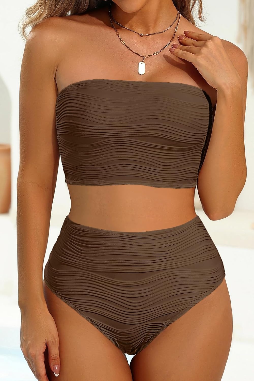 High Waisted Bandeau Bikini Set – Ribbed Strapless Two Piece Swimsuit | Secure bandeau top with straps. High waist bottom for comfortable coverage. Full coverage back for confident wear.(Brown)
