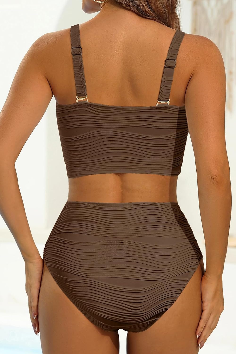 High Waisted Bandeau Bikini Set – Ribbed Strapless Two Piece Swimsuit | Secure bandeau top with straps. High waist bottom for comfortable coverage. Full coverage back for confident wear.(Brown)