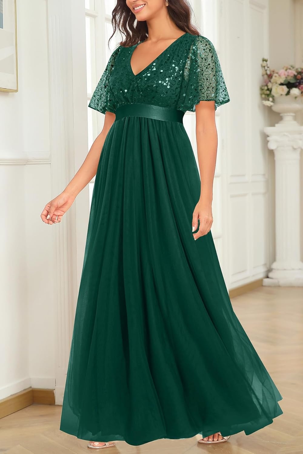 Formal Dresses for Women Prom Evening Gown Sequin Tulle V Neck Ruffle Short Sleeve Empire Waist A Line Long Dress(Dark Green)
