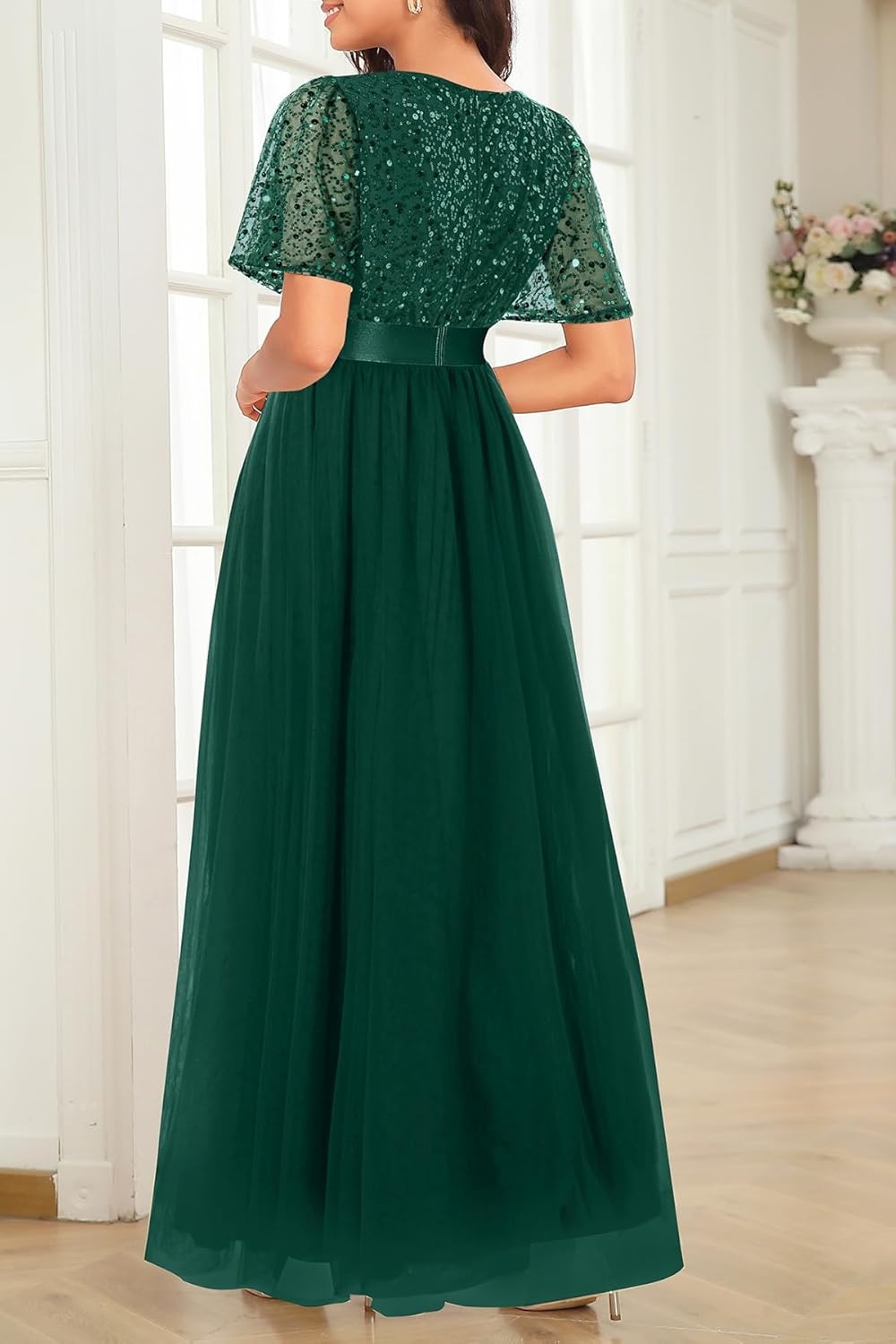 Formal Dresses for Women Prom Evening Gown Sequin Tulle V Neck Ruffle Short Sleeve Empire Waist A Line Long Dress(Dark Green)