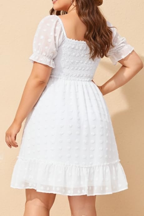 Plus Size Square Neck Puff Sleeve Swiss Dot Graduation Dress | Swiss dot chiffon / square neck / puff sleeves / smocked bodice / tiered ruffle hem / flowy short dress(White)