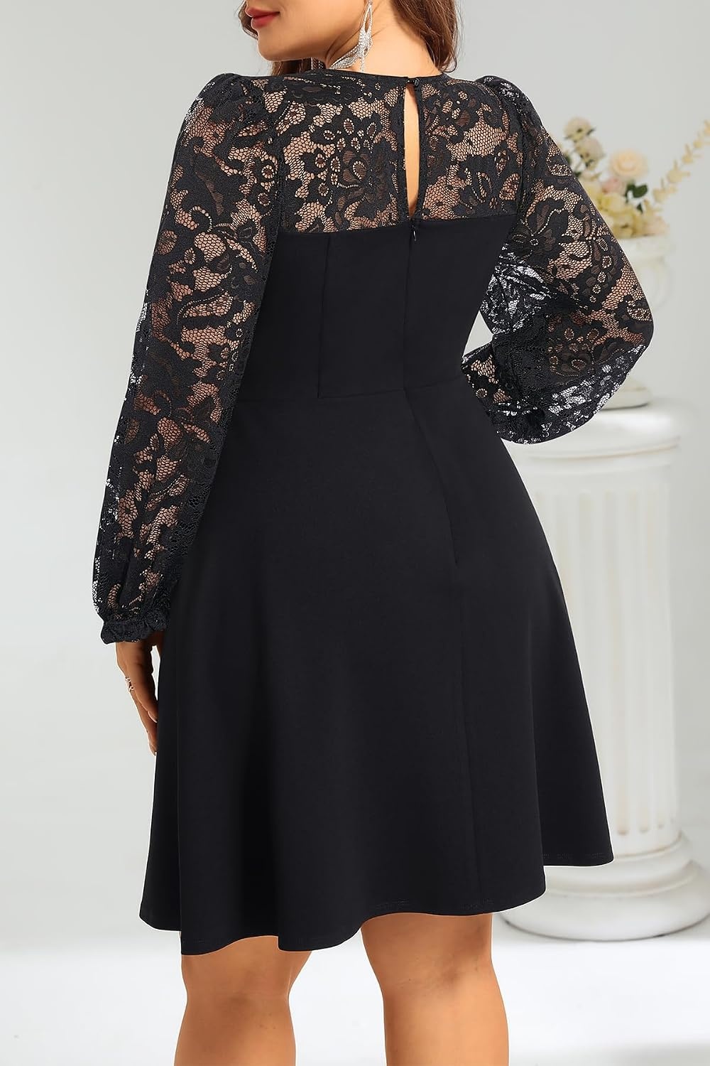 Plus Size Cocktail Dress Black Lace Long Sleeve Short A Line Dresses Women(Long Sleeve Black)