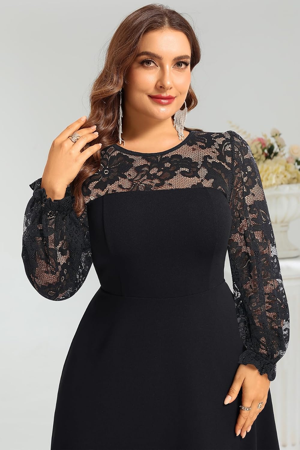 Plus Size Cocktail Dress Black Lace Long Sleeve Short A Line Dresses Women(Long Sleeve Black)