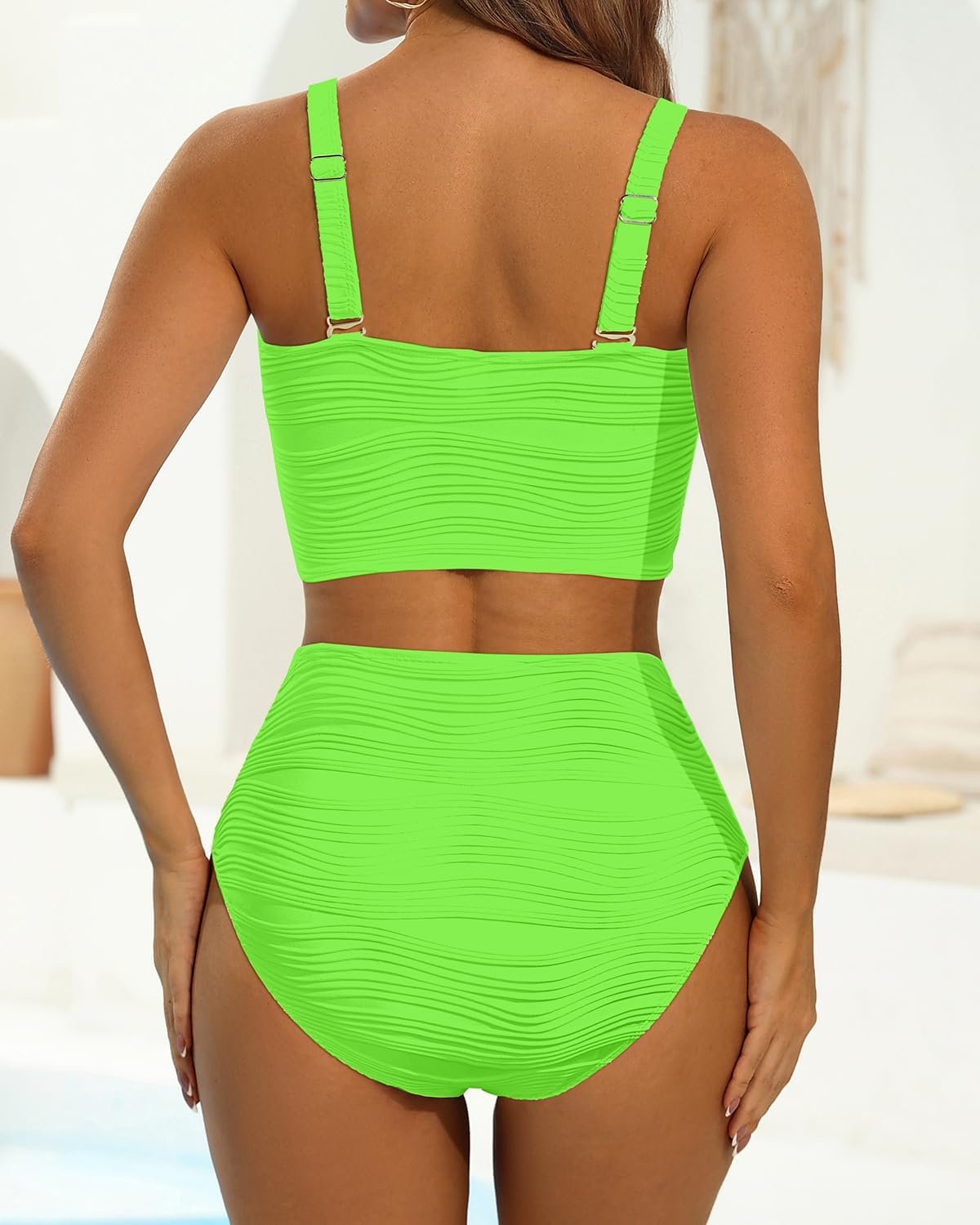 High Waisted Bandeau Bikini Set – Women Strapless Two Piece Swimsuits Ribbed Longline Full Coverage Bathing Suits Swimwear(Neon Green)