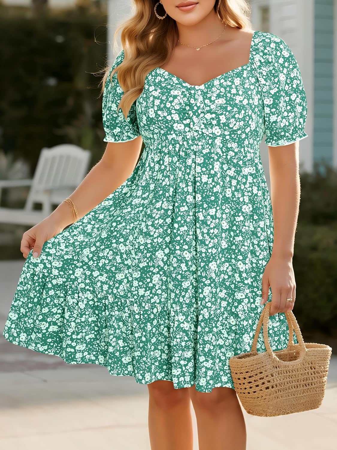 Talisea Plus Size Sweetheart Neck Puff Short Sleeve Babydoll Summer Dress | Sweetheart neck / puff short sleeves / ruched front / smocked back / tiered ruffle hem / babydoll summer dress(Green Floral)