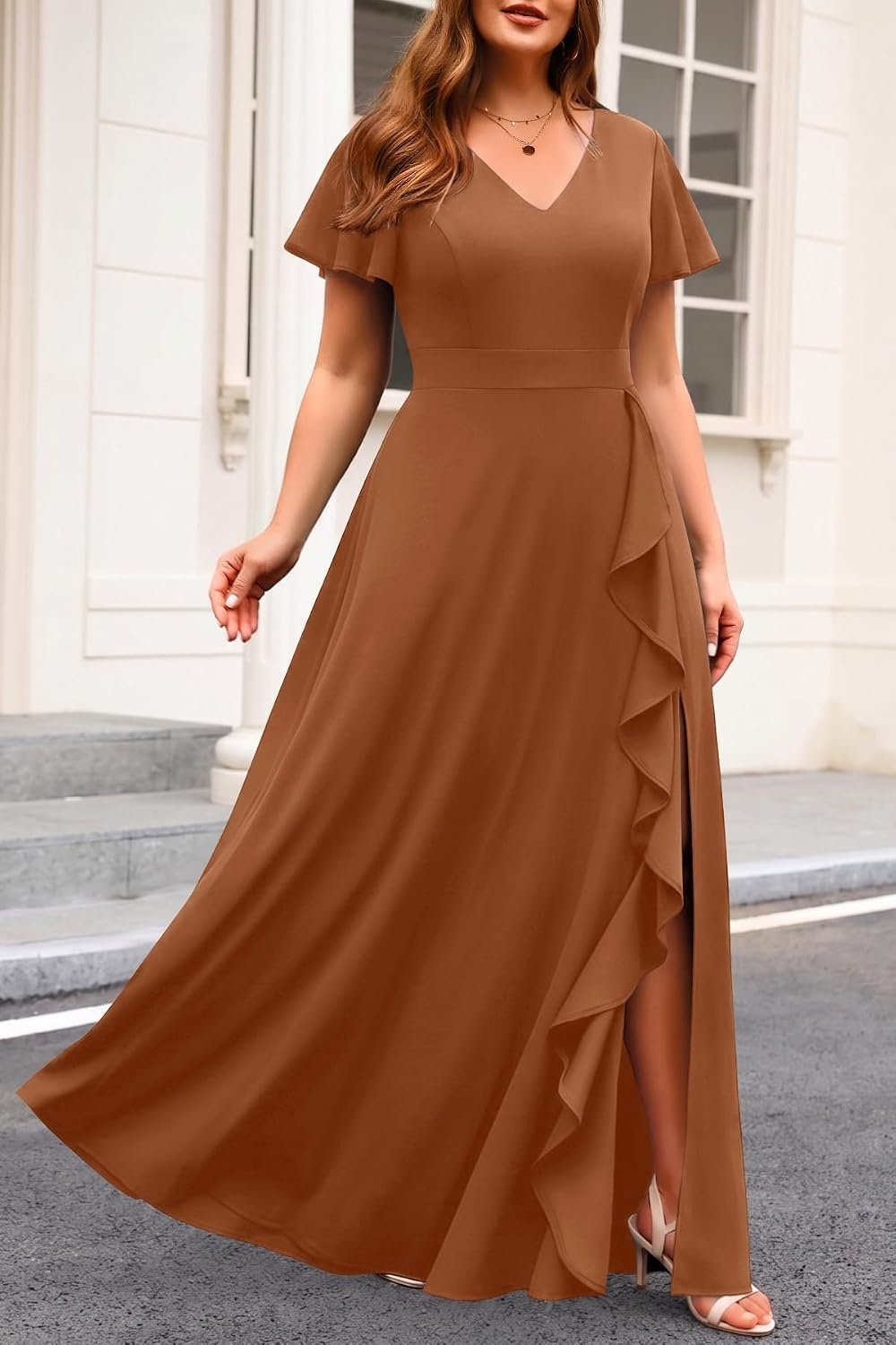Talisea Plus Size Formal V Neck Ruffle Sleeve High Slit Evening Maxi Dress | Stretch fabric / sparkly or solid / V neck / ruffle sleeves / high slit / flowy maxi / formal evening wear(Coffee)