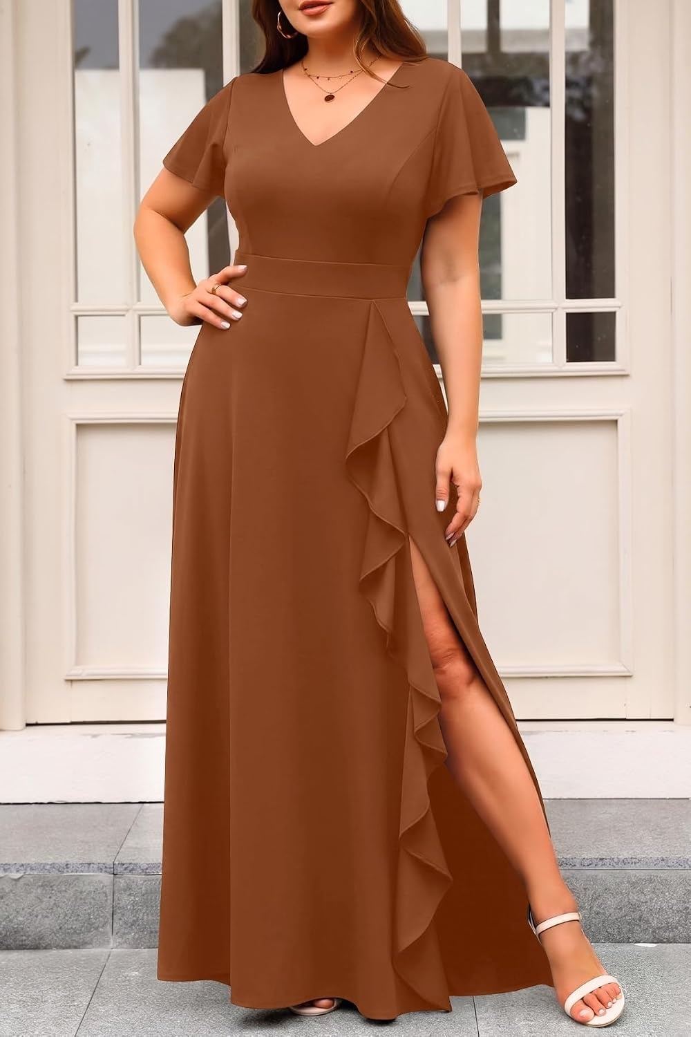 Talisea Plus Size Formal V Neck Ruffle Sleeve High Slit Evening Maxi Dress | Stretch fabric / sparkly or solid / V neck / ruffle sleeves / high slit / flowy maxi / formal evening wear(Coffee)
