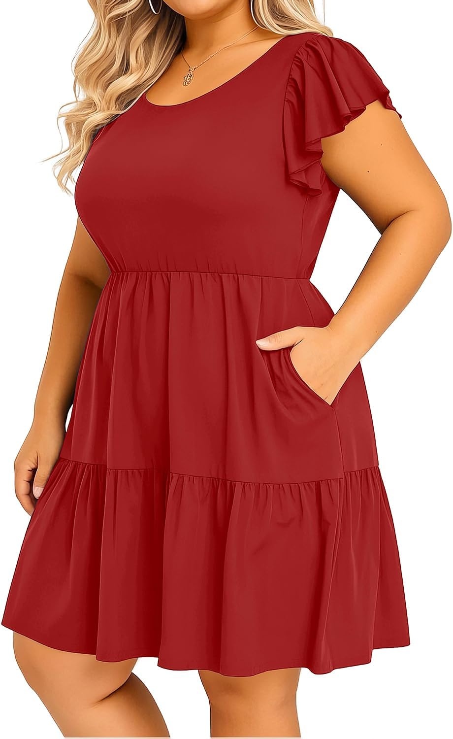 Talisea Plus Size Summer Dresses for Women Casual Short Dress | Flutter Sleeve / V neck / pockets / summer casual/ Short Babydoll(Red)