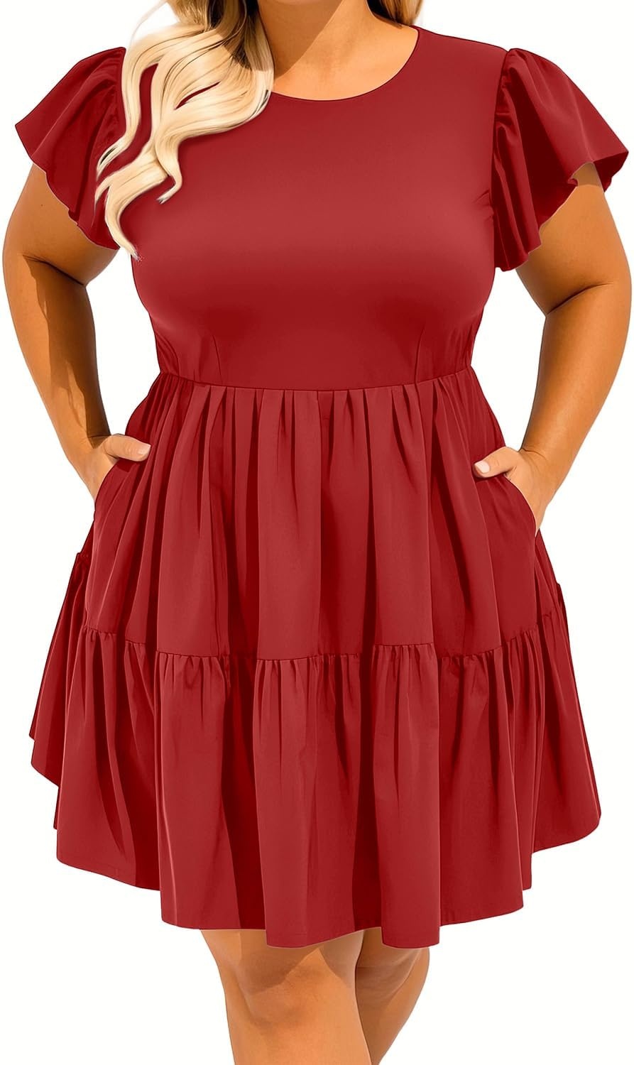 Talisea Plus Size Summer Dresses for Women Casual Short Dress | Flutter Sleeve / V neck / pockets / summer casual/ Short Babydoll(Red)