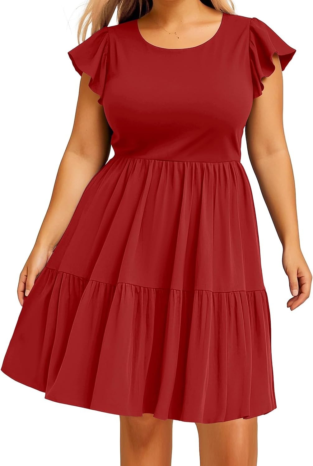 Talisea Plus Size Summer Dresses for Women Casual Short Dress | Flutter Sleeve / V neck / pockets / summer casual/ Short Babydoll(Red)