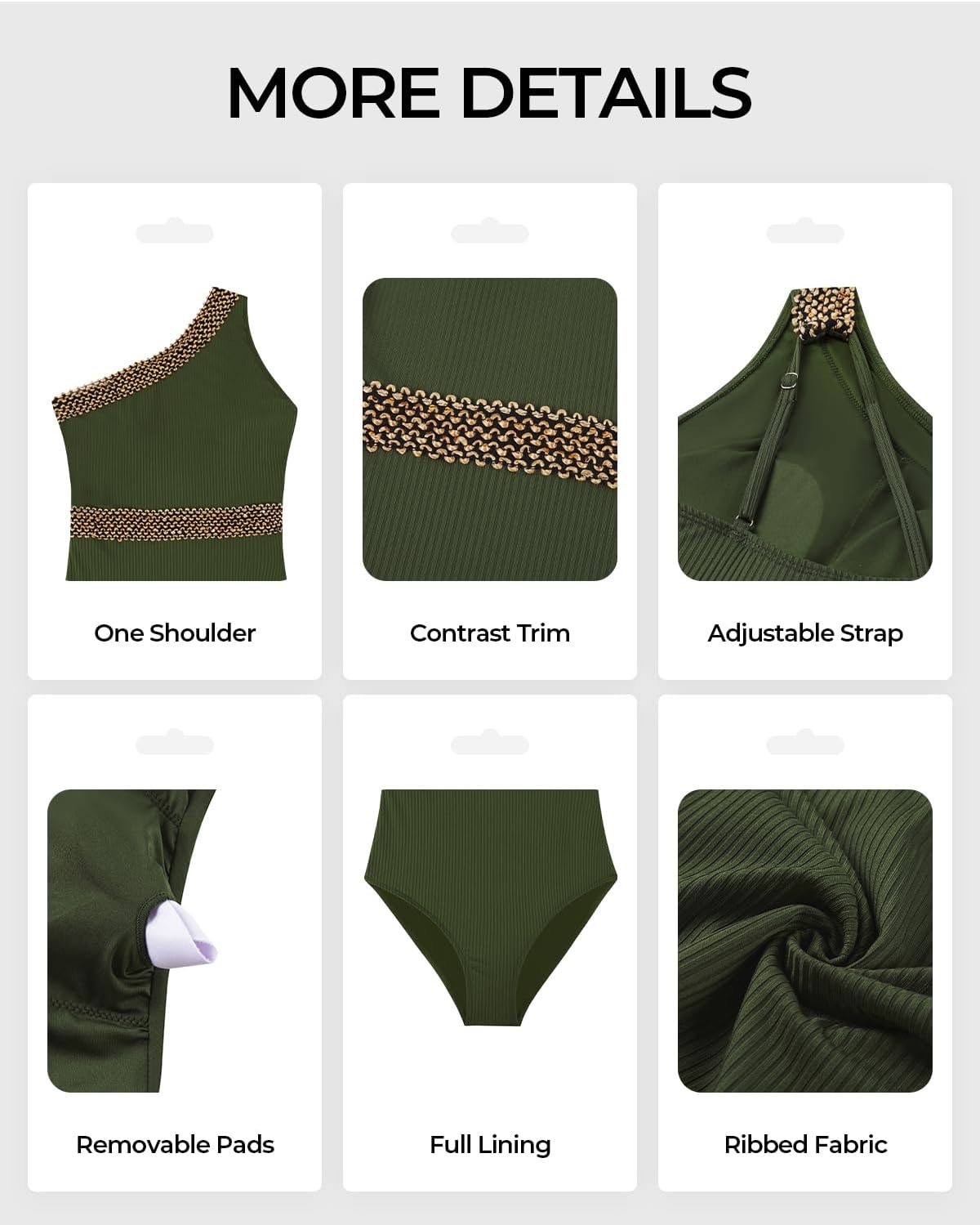 Talisea One Shoulder One Piece Swimsuits – Women Tummy Control Bathing Suit with Tie Knot Swimwear Full Coverage(Army Green With Gold Trim)
