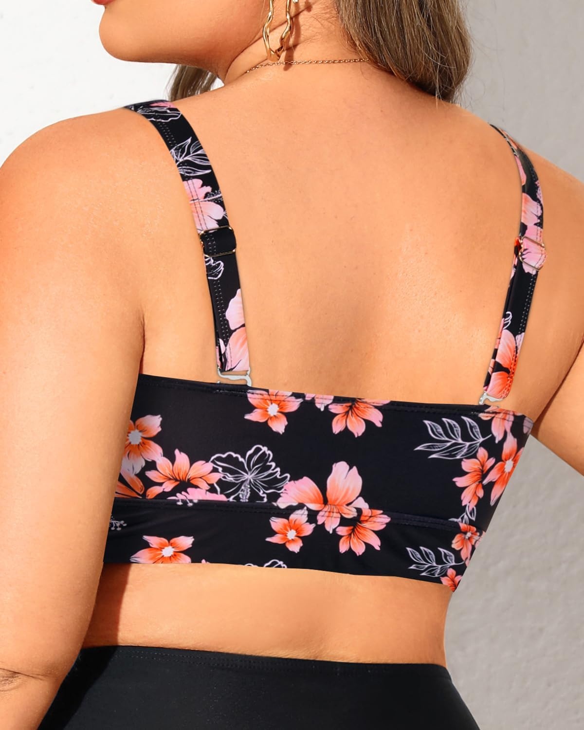 Plus Size Bikini Top Only – Women Swim Bra Lace Up Swimsuit Top V Neck Bathing Suit Tops for Large Bust Swimwear 2025(Black Floral)