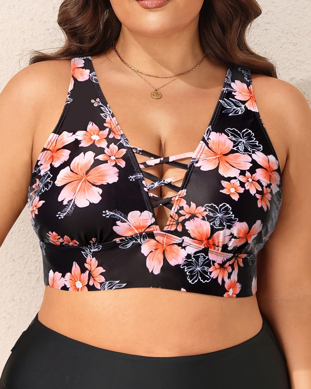 Plus Size Bikini Top Only – Women Swim Bra Lace Up Swimsuit Top V Neck Bathing Suit Tops for Large Bust Swimwear 2025(Black Floral)