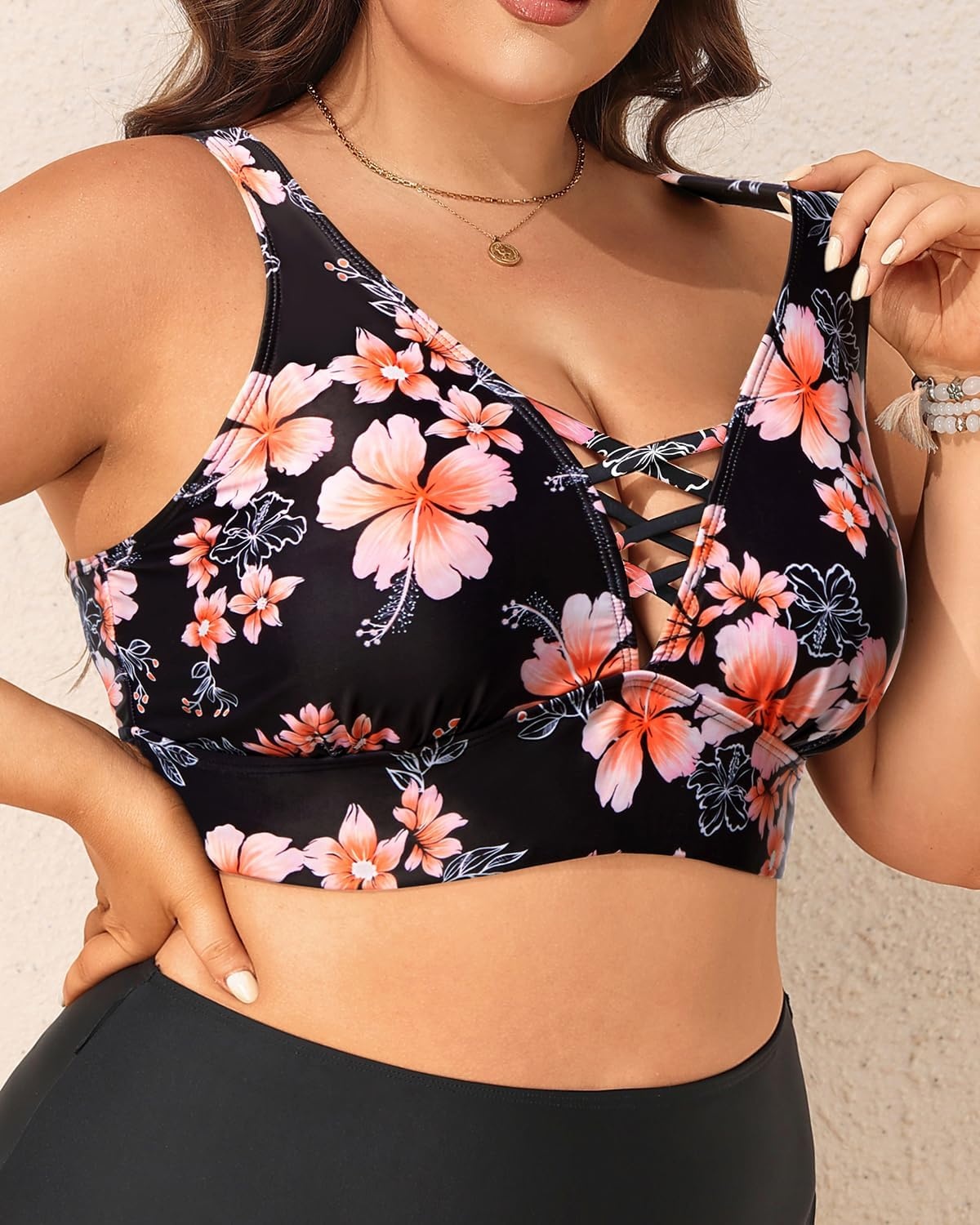 Plus Size Bikini Top Only – Women Swim Bra Lace Up Swimsuit Top V Neck Bathing Suit Tops for Large Bust Swimwear 2025(Black Floral)