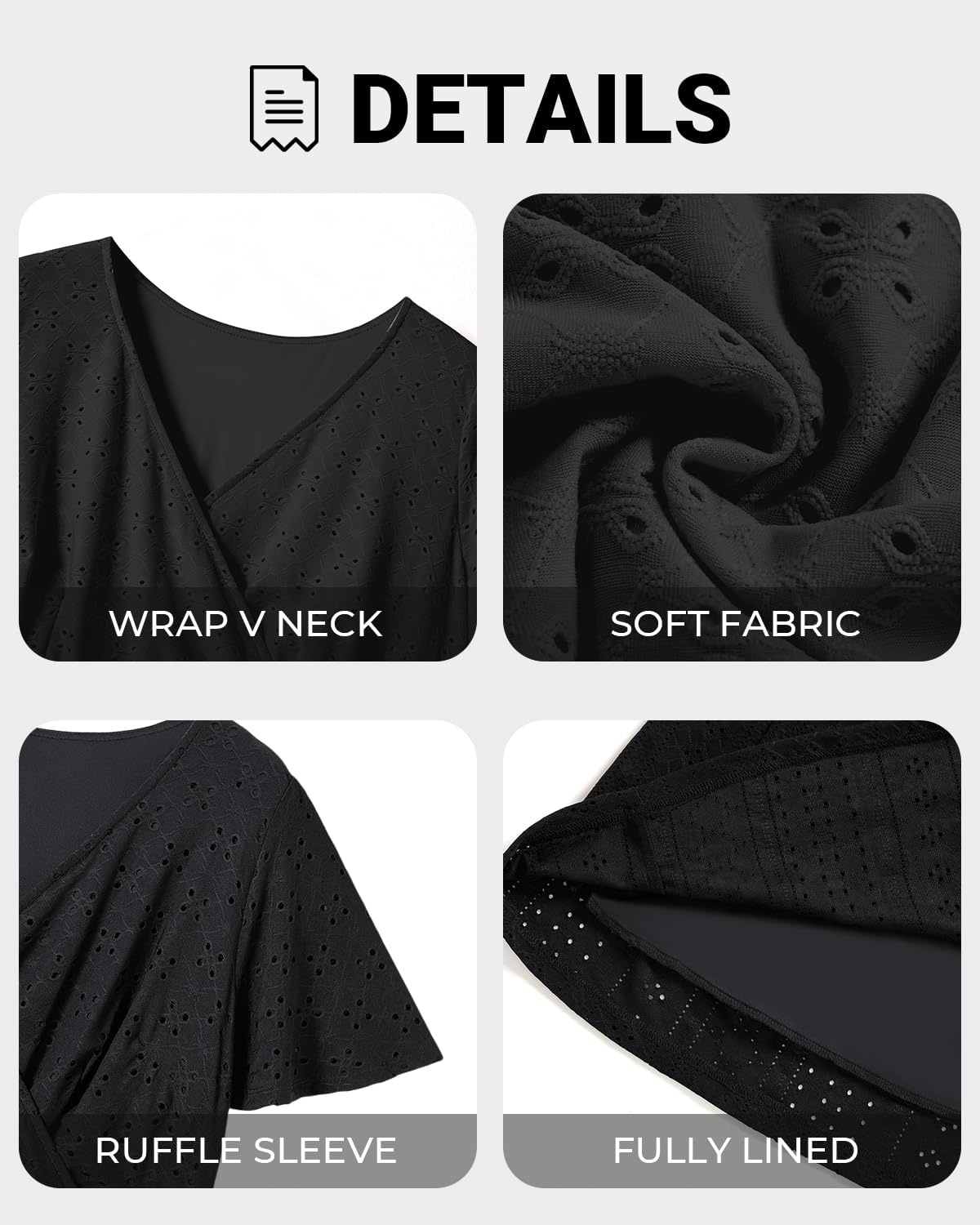 Plus Size Wedding Guest Dress – Summer Semi Formal Midi Eyelet Short Sleeve Wrap V Neck Belted A Line Dresses 2025(Black)