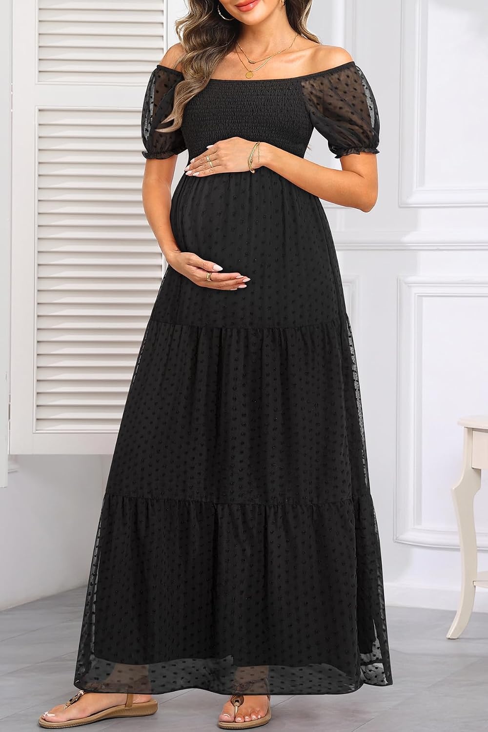 Women’s Off Shoulder Maternity Dress Swiss Dot Boho Baby Shower Dress | Swiss dot chiffon fabric,off shoulder boho design,maternity baby shower dress style(Black)