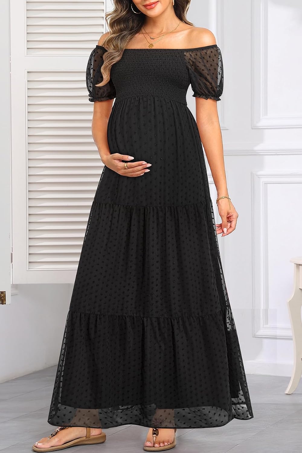 Women’s Off Shoulder Maternity Dress Swiss Dot Boho Baby Shower Dress | Swiss dot chiffon fabric,off shoulder boho design,maternity baby shower dress style(Black)
