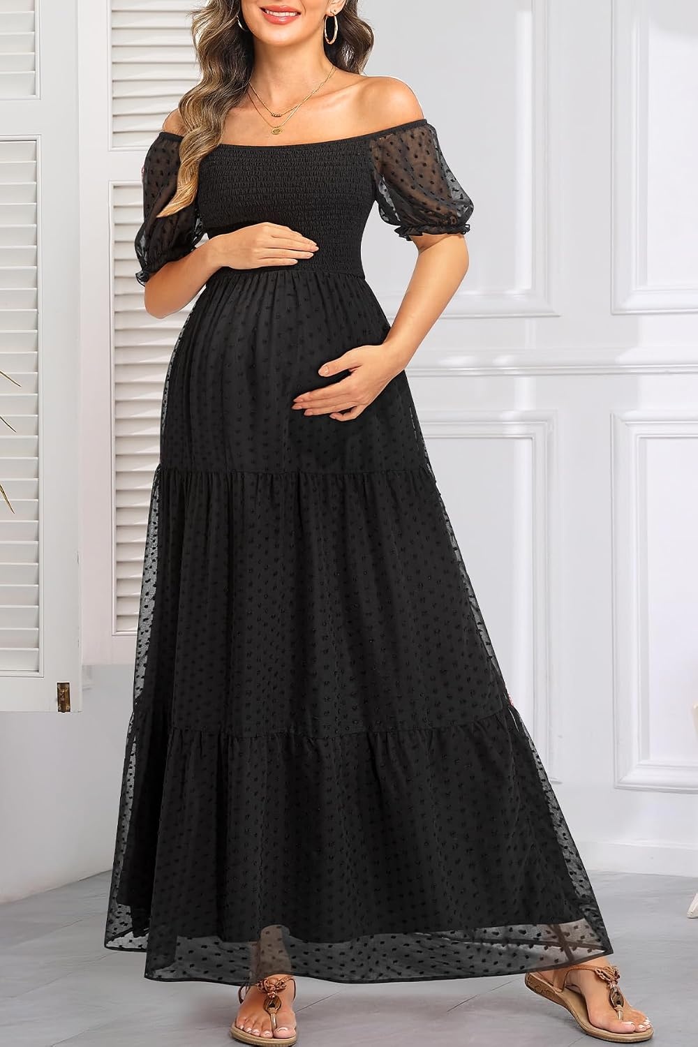 Women’s Off Shoulder Maternity Dress Swiss Dot Boho Baby Shower Dress | Swiss dot chiffon fabric,off shoulder boho design,maternity baby shower dress style(Black)