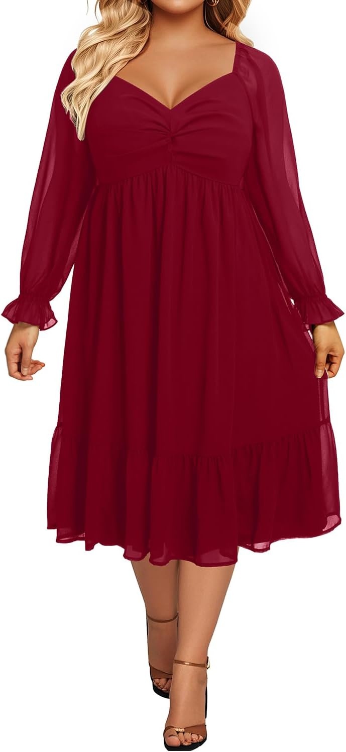 Talisea Plus Size Dresses Sweetheart Neckline Long Sleeves Chiffon Party Cocktail A Line Curvy Womens Midi Dress(Burgundy)