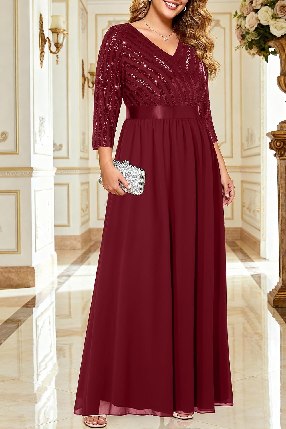Womens Plus Size Formal Dresses – V Neck 3/4 Sleeve Sequin Prom Evening Gowns Long Maxi Dres(Burgundy)