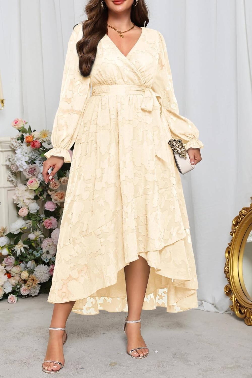 Plus Size Dresses Wedding Guest – Fall Semi Formal Floral Long Sleeve Wrap V Neck High Low Maxi Dress with Belt Women(Beige)