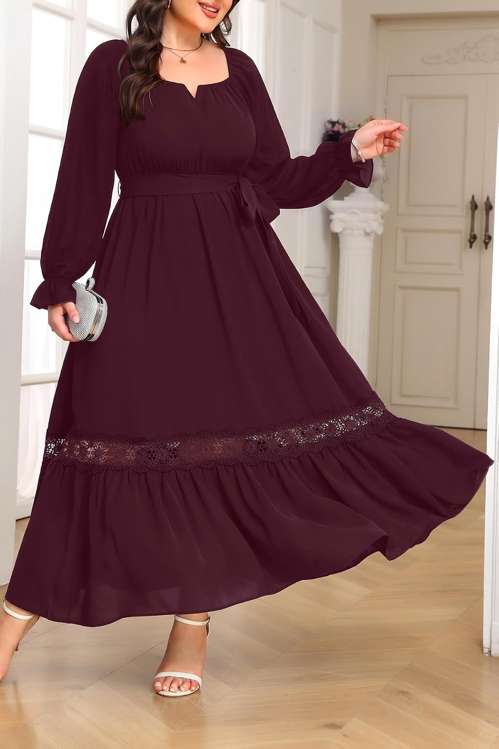 Talisea Plus Size Wedding Guest Dress Square Neck Flutter Sleeve Maxi Dress(Burgundy)