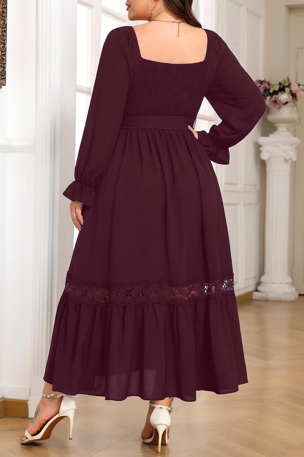 Talisea Plus Size Wedding Guest Dress Square Neck Flutter Sleeve Maxi Dress(Burgundy)