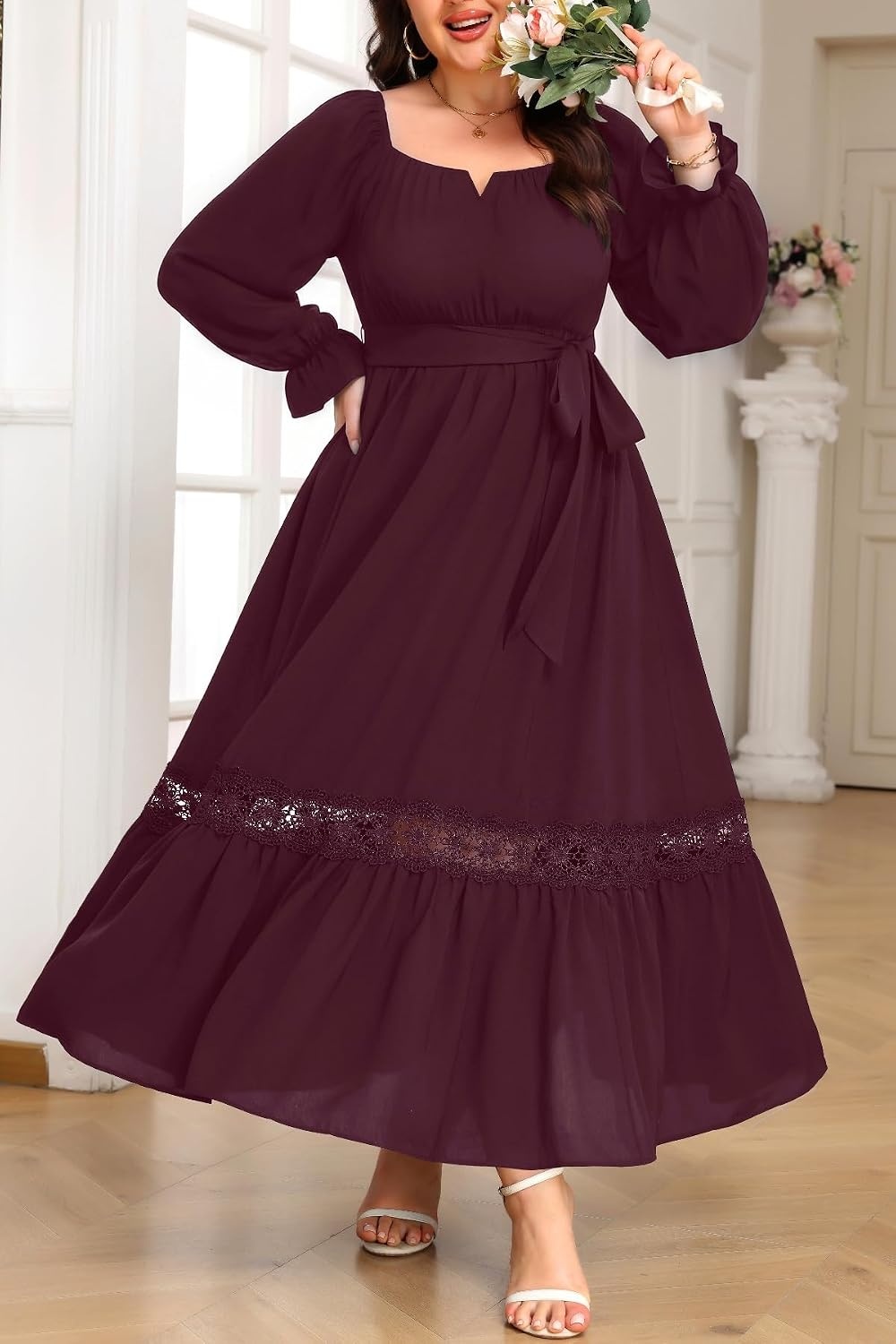 Talisea Plus Size Wedding Guest Dress Square Neck Flutter Sleeve Maxi Dress(Burgundy)
