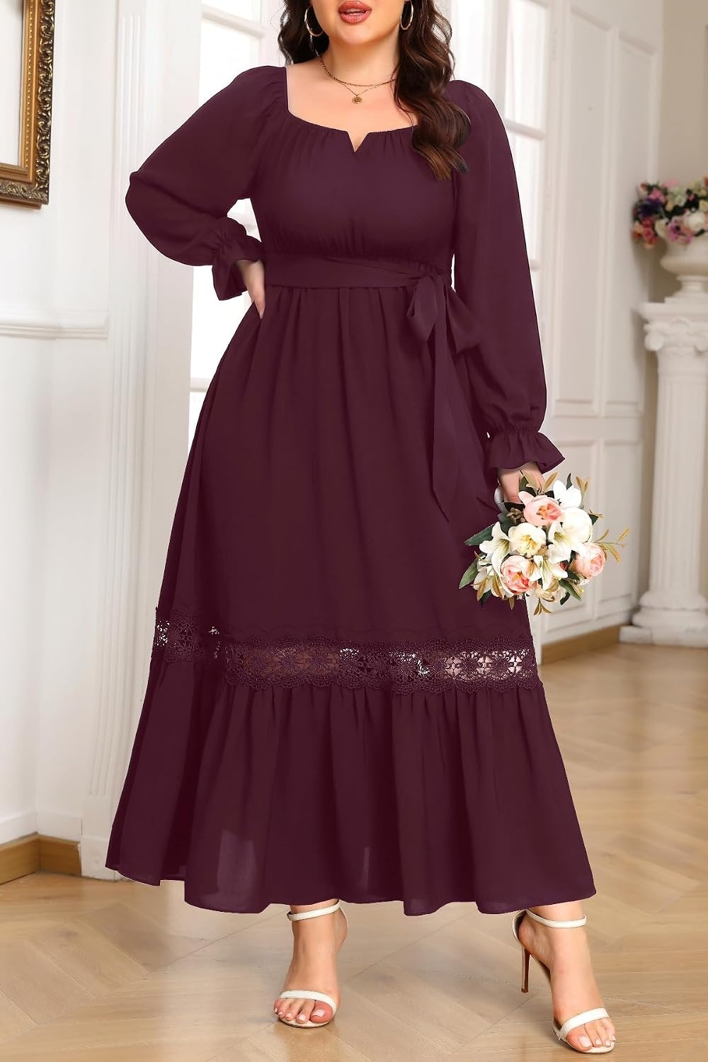Talisea Plus Size Wedding Guest Dress Square Neck Flutter Sleeve Maxi Dress(Burgundy)