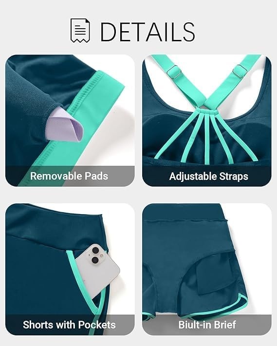 Talisea 3 Piece Tankini with Shorts – Tummy Control Swimsuit Bathing Suits(Teal and Green)