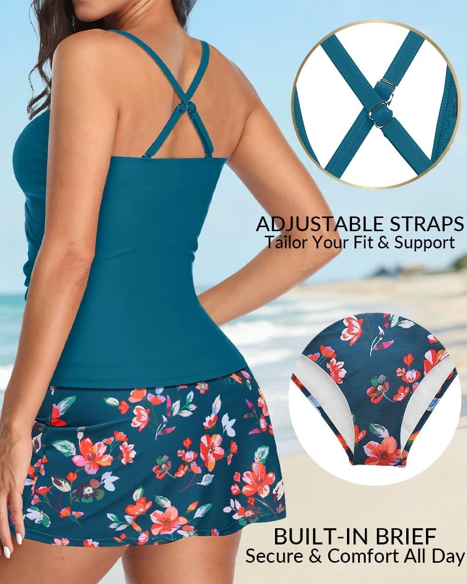 Tankini Bathing Suits with Skirt Two Piece Tummy Control Twist Swimsuits | Adjustable Straps,Slimming Ruching Design,Chic Twist Front and V-Neck,Built-In Safety Brief(Blue Floral)