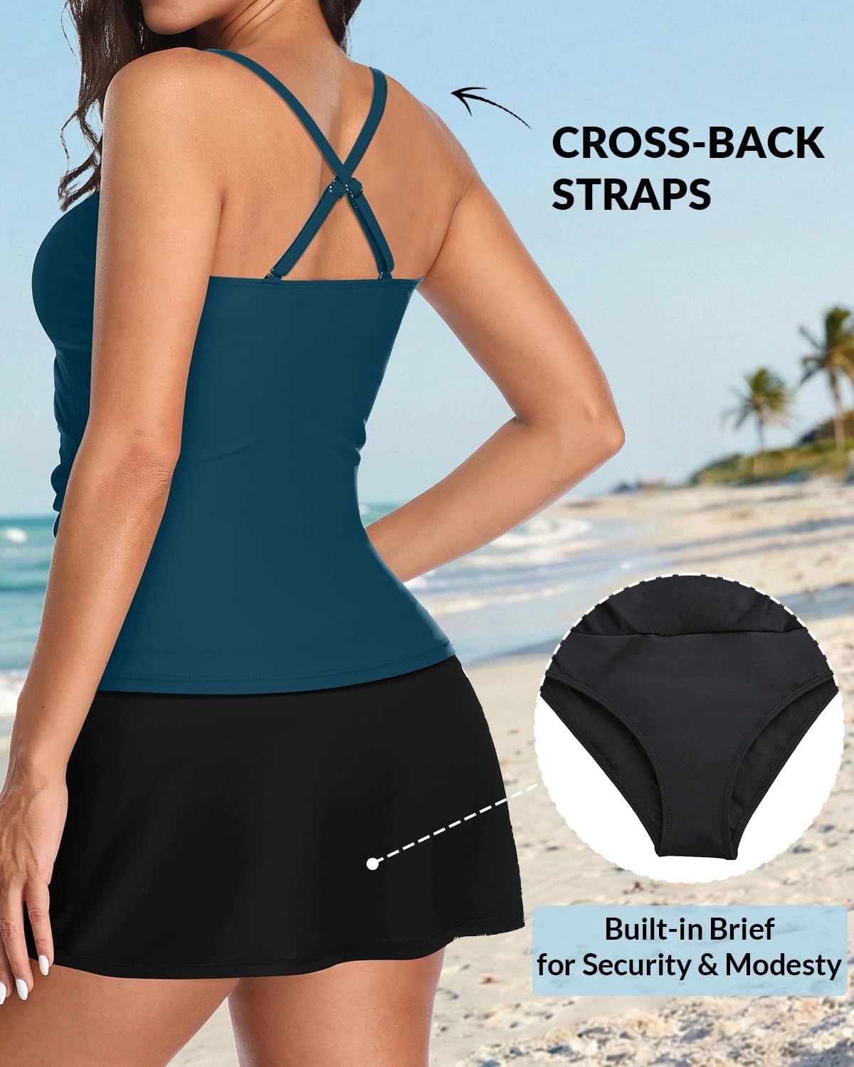 Tankini Bathing Suits with Skirt Two Piece Tummy Control Twist Swimsuits | Adjustable Straps,Slimming Ruching Design,Chic Twist Front and V-Neck,Built-In Safety Brief(Teal and Black)