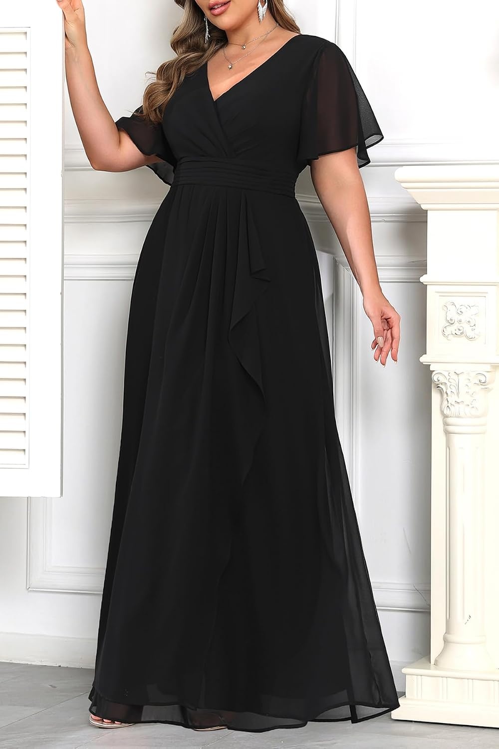 Plus Size Formal Dress Wedding Guest Chiffon V Neck Ruffle Long Dress Women(Black)