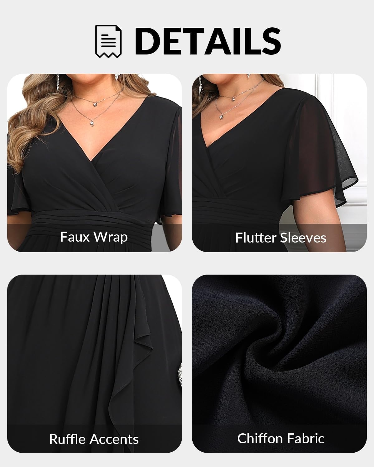 Plus Size Formal Dress Wedding Guest Chiffon V Neck Ruffle Long Dress Women(Black)