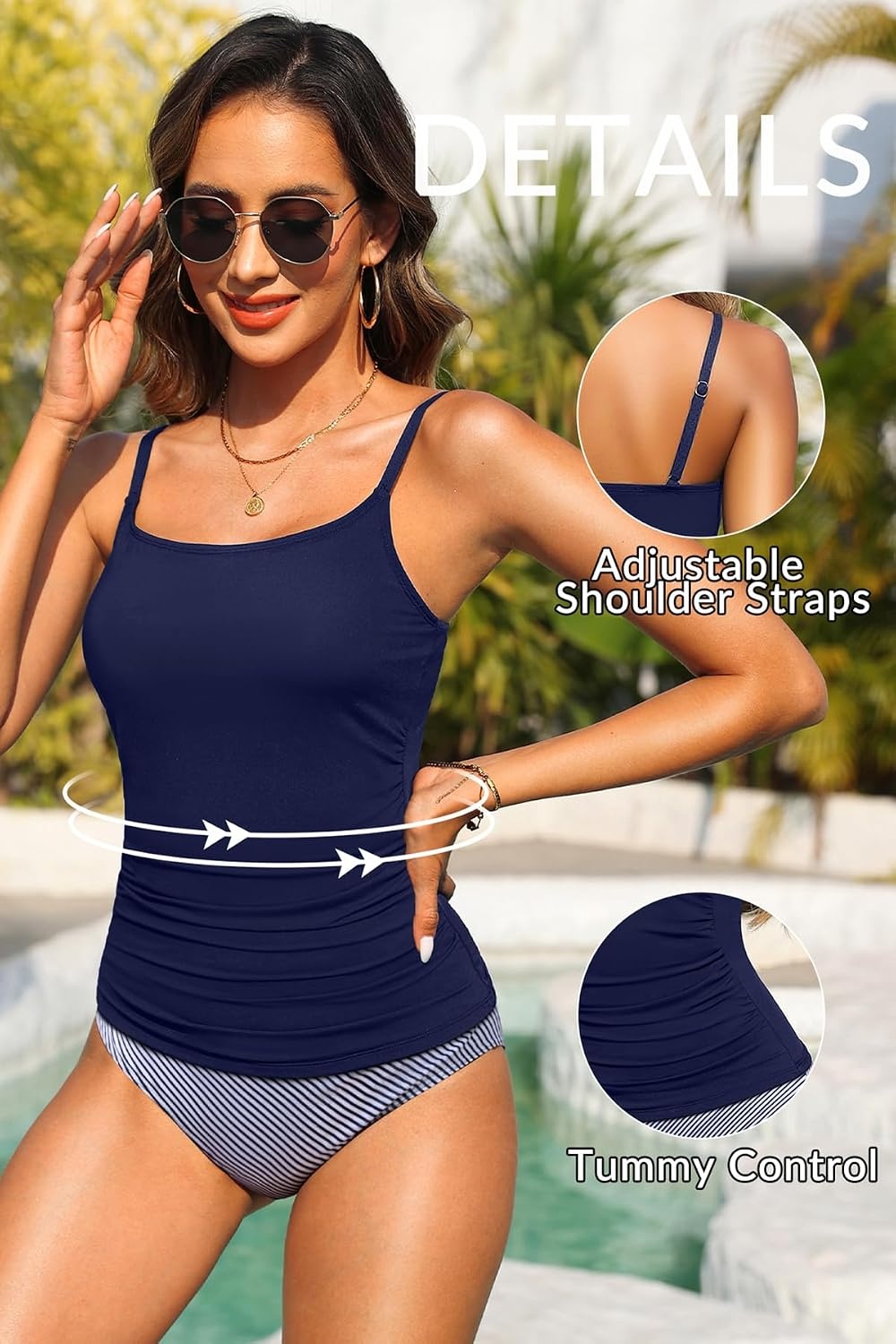 Women’s Tankini Top Only Tummy Control Bathing Suits Top U Neck Swimwear Tops No Bottom(Navy Blue)
