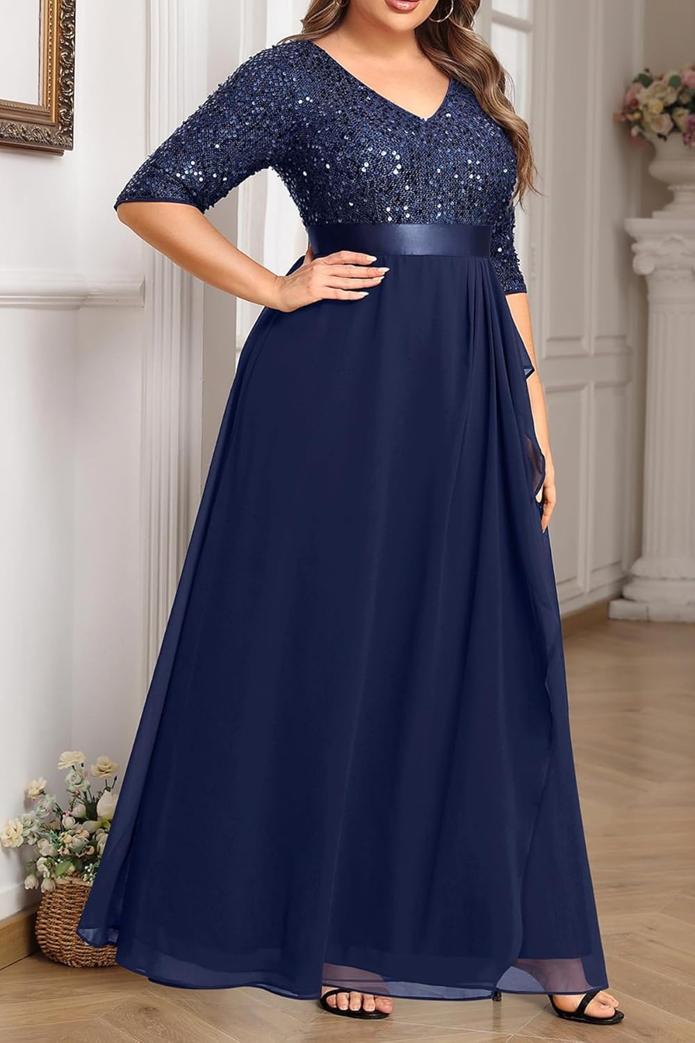 Talisea Plus Size Formal Dresses – V Neck 3/4 Sleeves Sequin Evening Gowns Prom Gala Wedding Guest Chiffon Long Maxi Dress(Navy Blue)