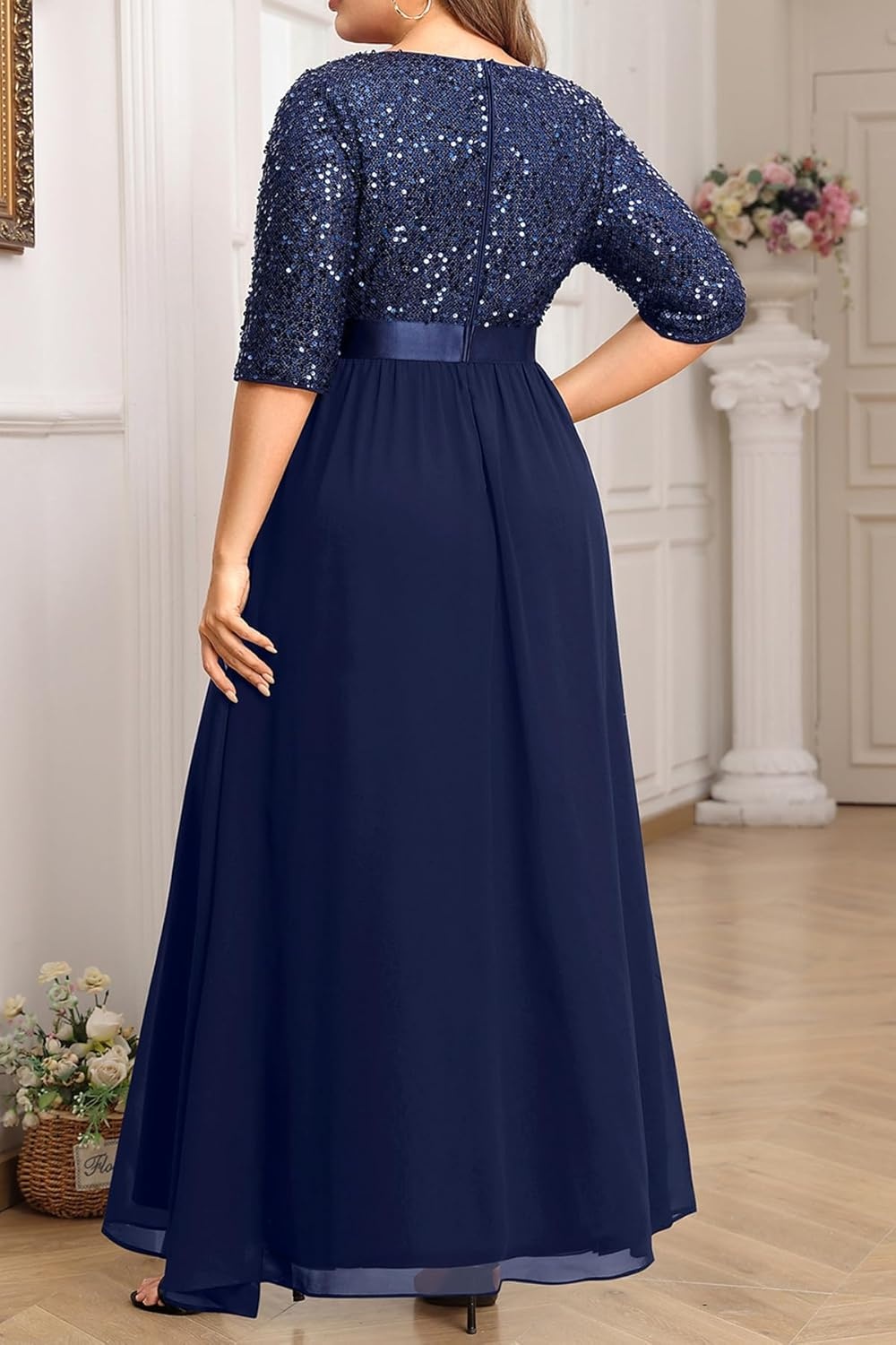 Talisea Plus Size Formal Dresses – V Neck 3/4 Sleeves Sequin Evening Gowns Prom Gala Wedding Guest Chiffon Long Maxi Dress(Navy Blue)