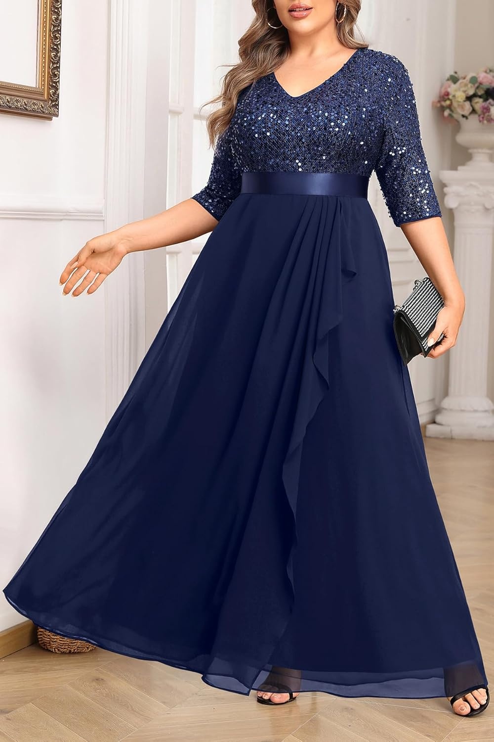 Talisea Plus Size Formal Dresses – V Neck 3/4 Sleeves Sequin Evening Gowns Prom Gala Wedding Guest Chiffon Long Maxi Dress(Navy Blue)