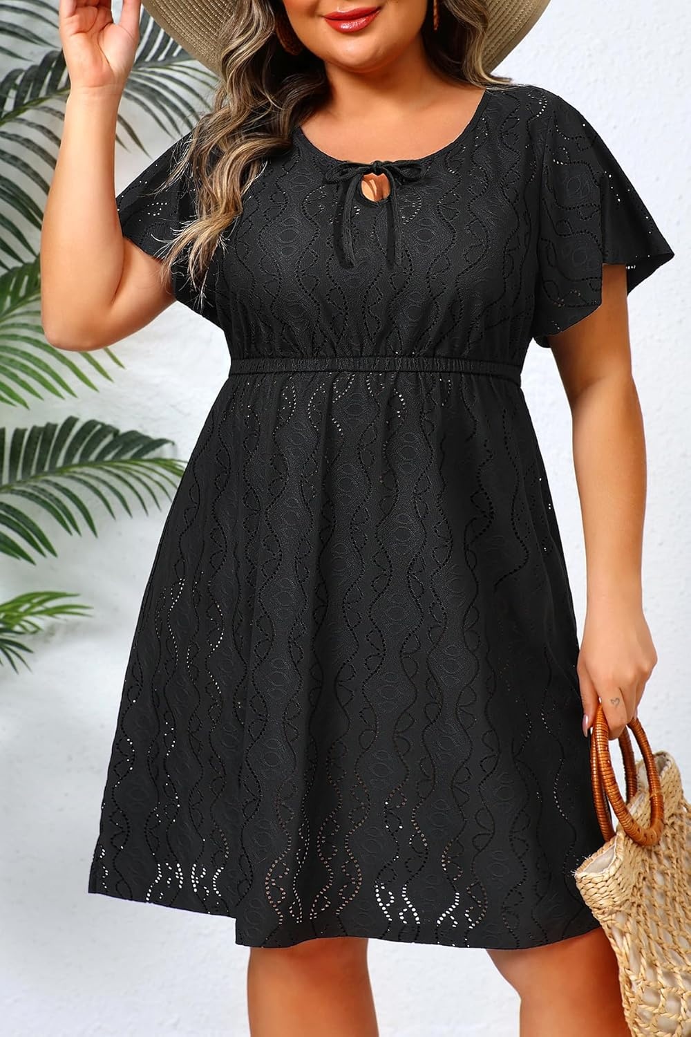 Talisea Plus Size Swimsuit Cover Up – Eyelet Casual Beach Crew Neck Short Sleeve Bathing Suit Coverup Dress for Women Summer(Black)