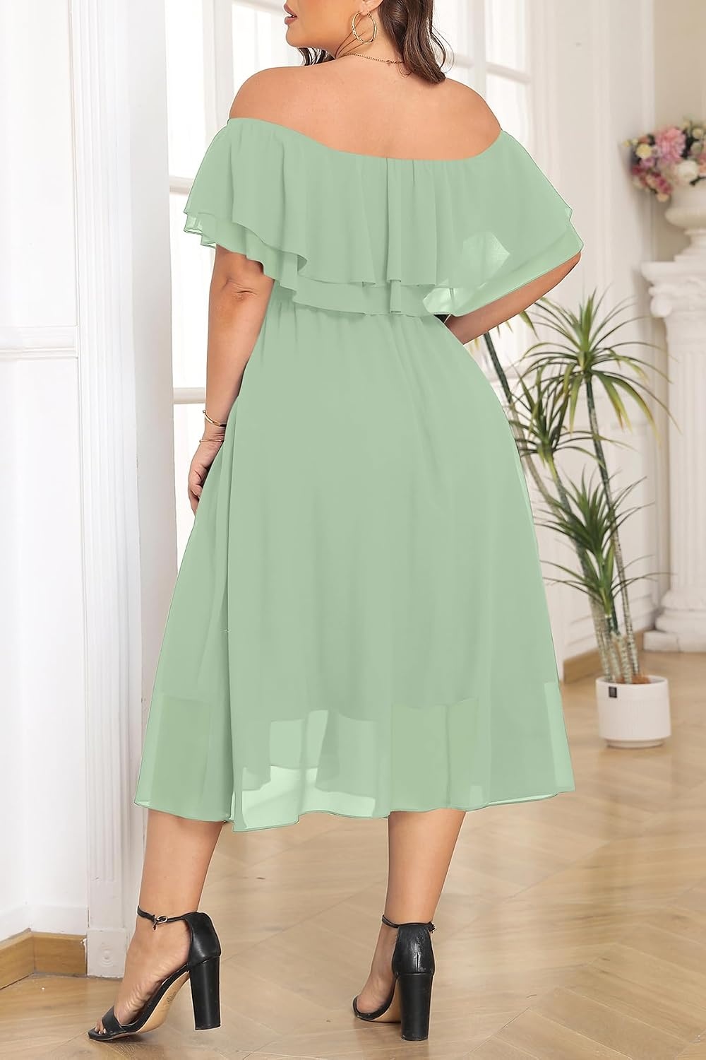 Plus Size Dresses Wedding Guest Off the Shoulder Chiffon A-Line Midi Dress | Plus Size Cocktail Wedding Guest Dresses Women Chiffon Off the Shoulder Midi Dress Elegant Semi Formal A-Line Dress with Belt(Sage Green)