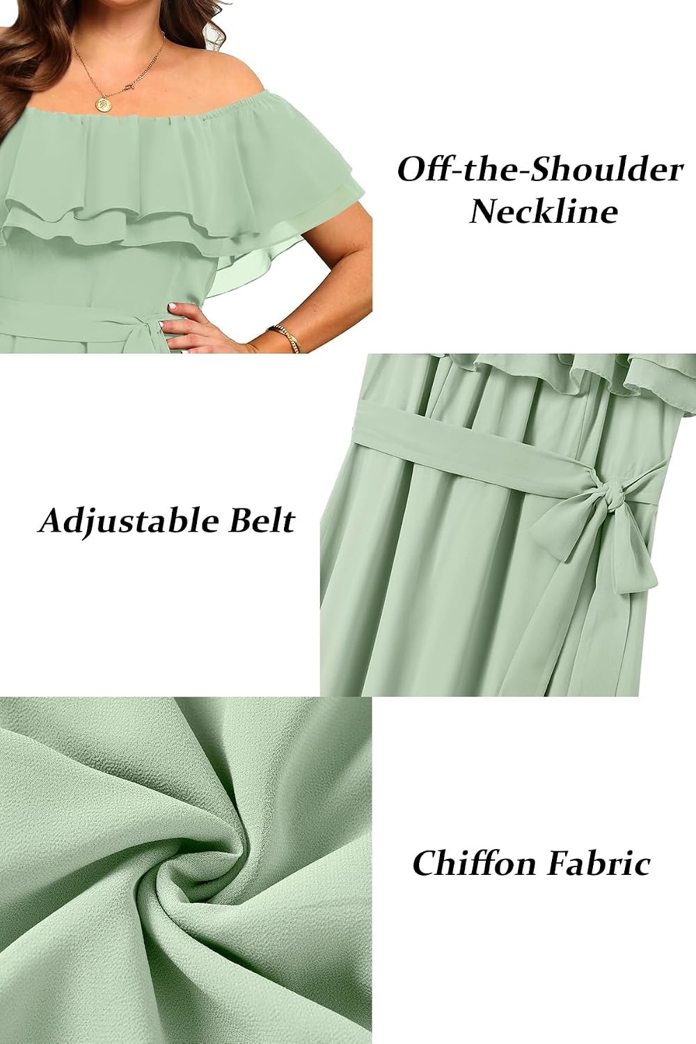 Plus Size Dresses Wedding Guest Off the Shoulder Chiffon A-Line Midi Dress | Plus Size Cocktail Wedding Guest Dresses Women Chiffon Off the Shoulder Midi Dress Elegant Semi Formal A-Line Dress with Belt(Sage Green)