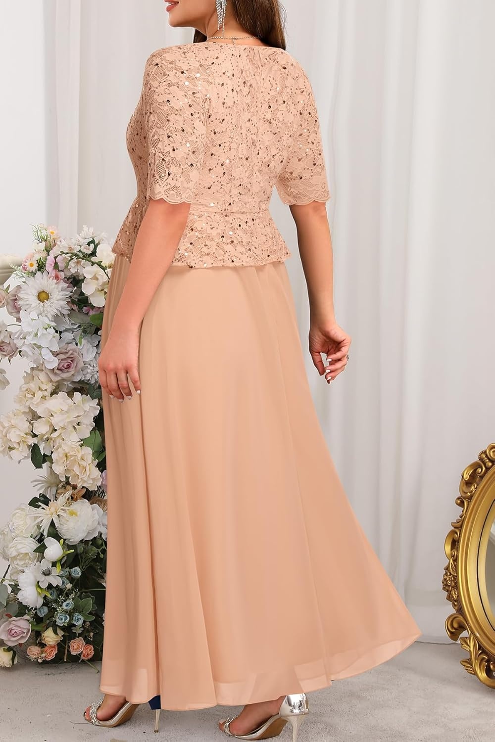 Plus Size Formal Dresses – Mother of The Bride Evening Gowns Wedding Guest Sequin Lace Bodice Long Dress Women(Champagne)