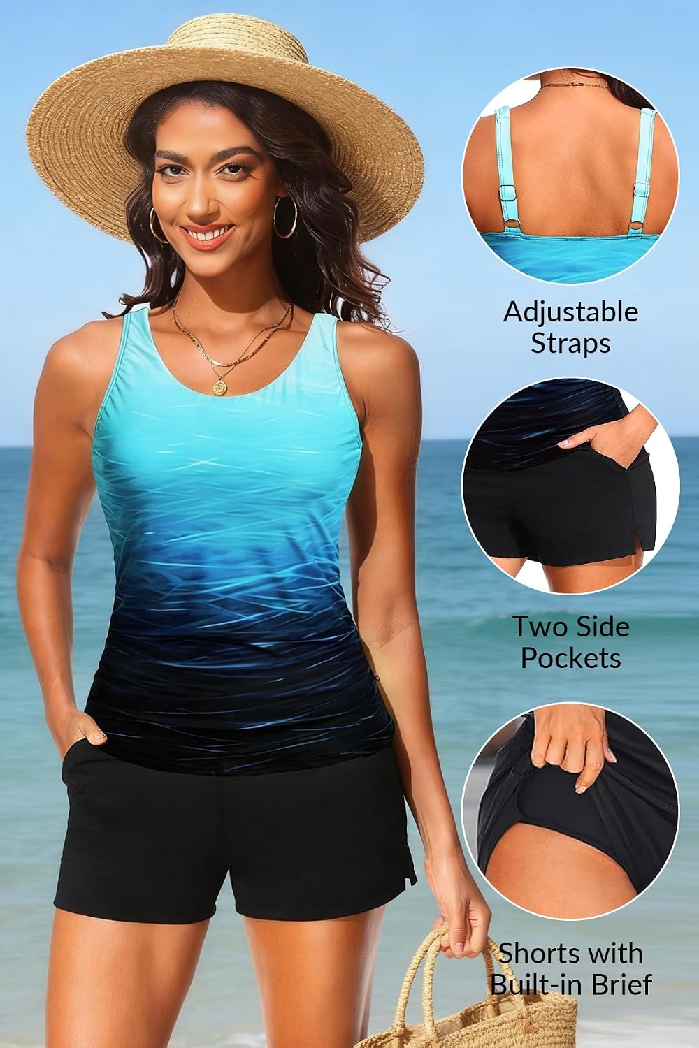 Tankini Swimsuits with Shorts – Two Piece Swimsuits Tummy Control Bathing Suits with Two Side Pockets 2025(Aqua Gradient)
