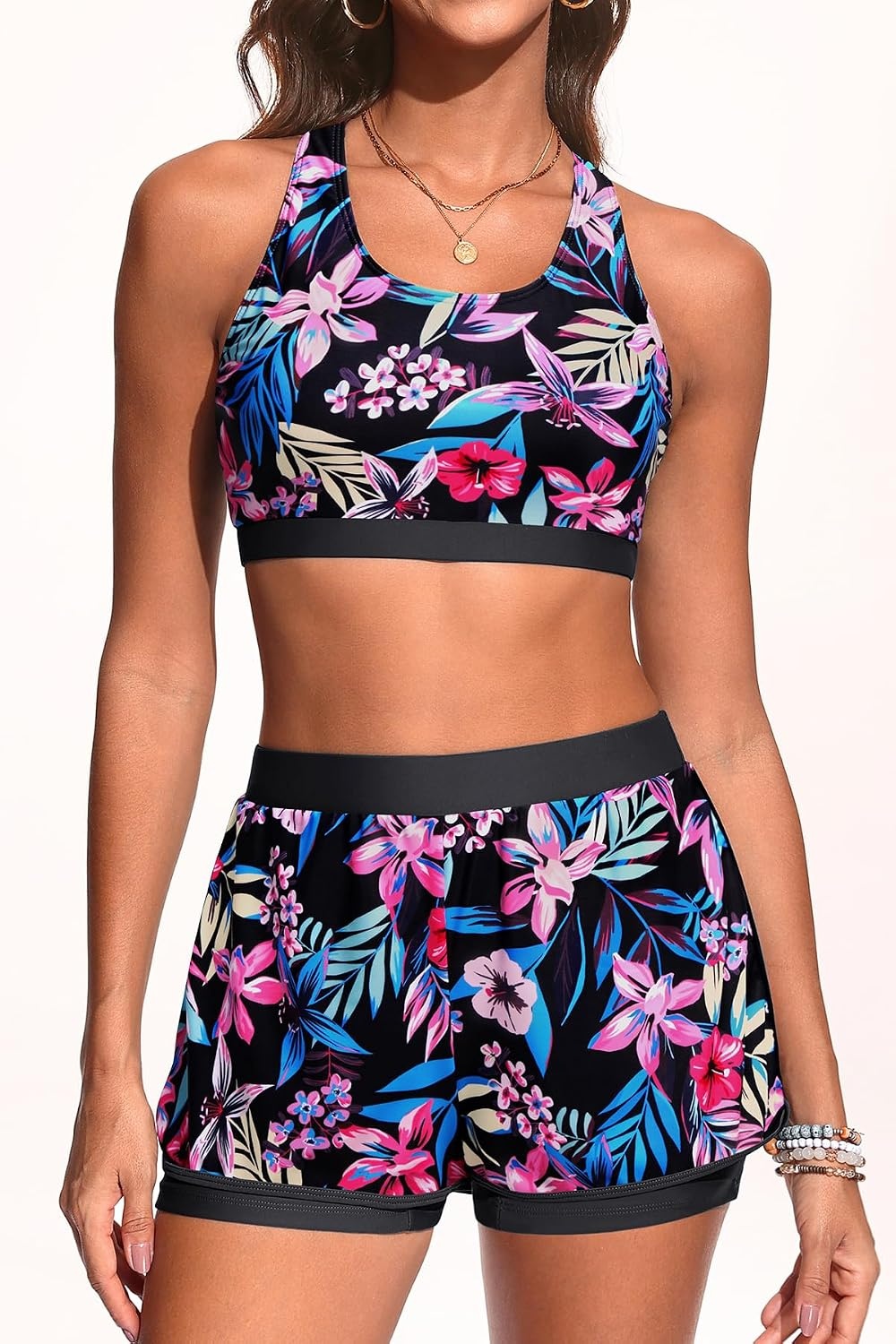 Talisea 3 Piece Tankini Swimsuits Women – Athletic Swim Tank Top with Bra and Boyshorts Bathing Suits Modest Swimwear 2026(Pink Floral)