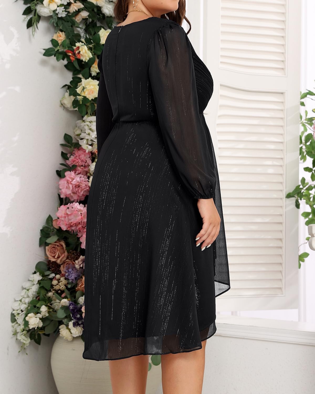 Plus Size Wedding Guest Dress – Formal Long Sleeve A Line V Neck Midi Dress | Formal fall wedding guest dress, cocktail sparkle dress, A-line pleated midi style with long sleeves & V-neck for women.(Black)