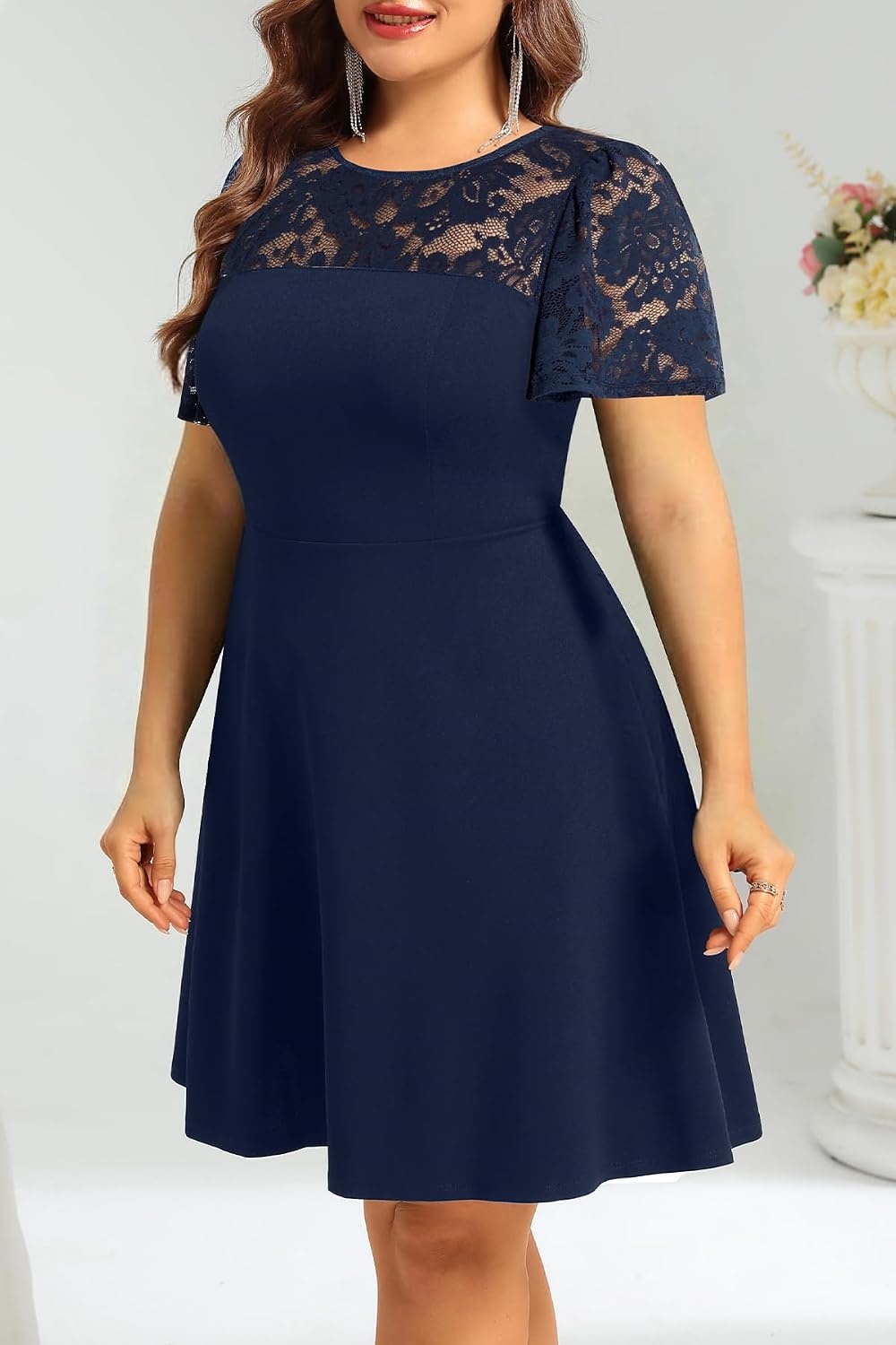 Plus Size Cocktail Dress Black Lace Long Sleeve Short A Line Dresses Women(Navy Blue)