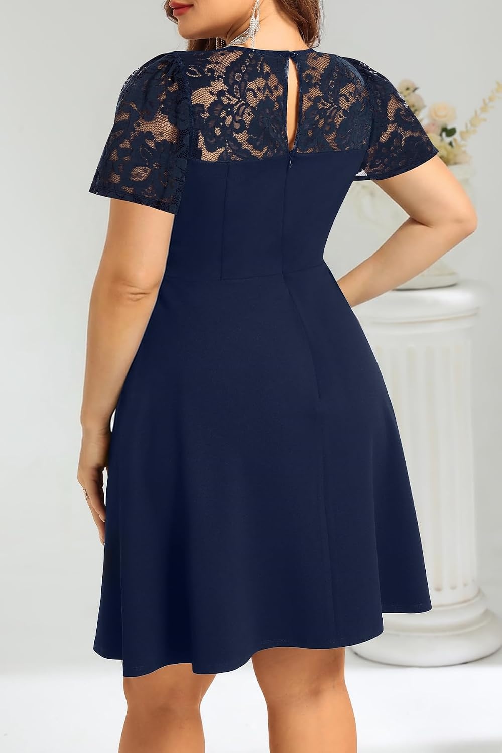 Plus Size Cocktail Dress Black Lace Long Sleeve Short A Line Dresses Women(Navy Blue)