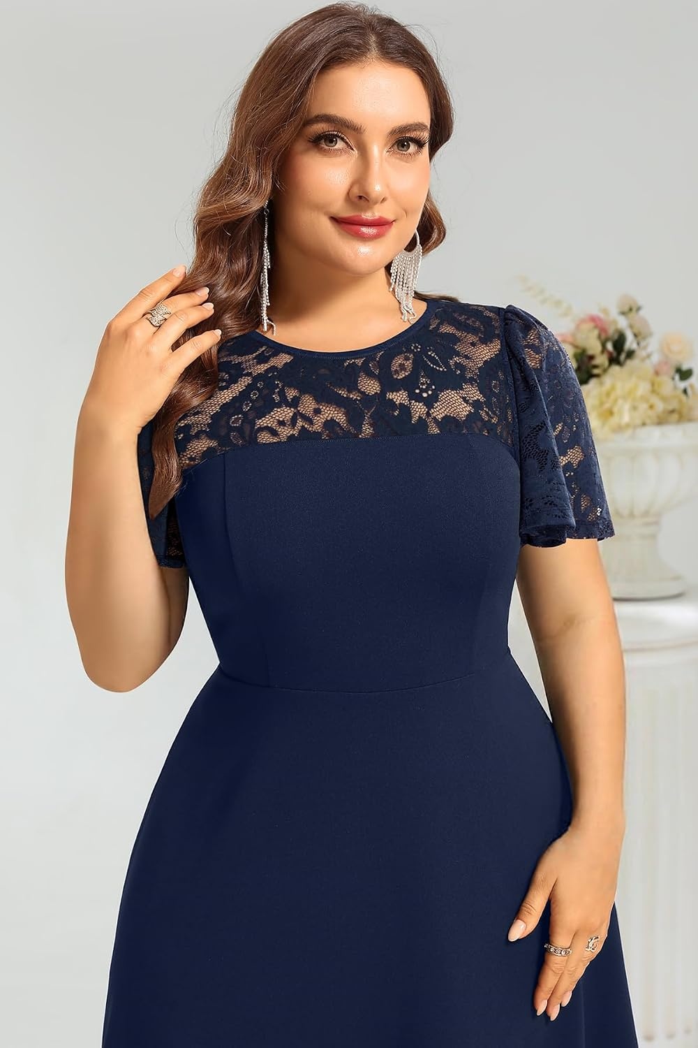 Plus Size Cocktail Dress Black Lace Long Sleeve Short A Line Dresses Women(Navy Blue)