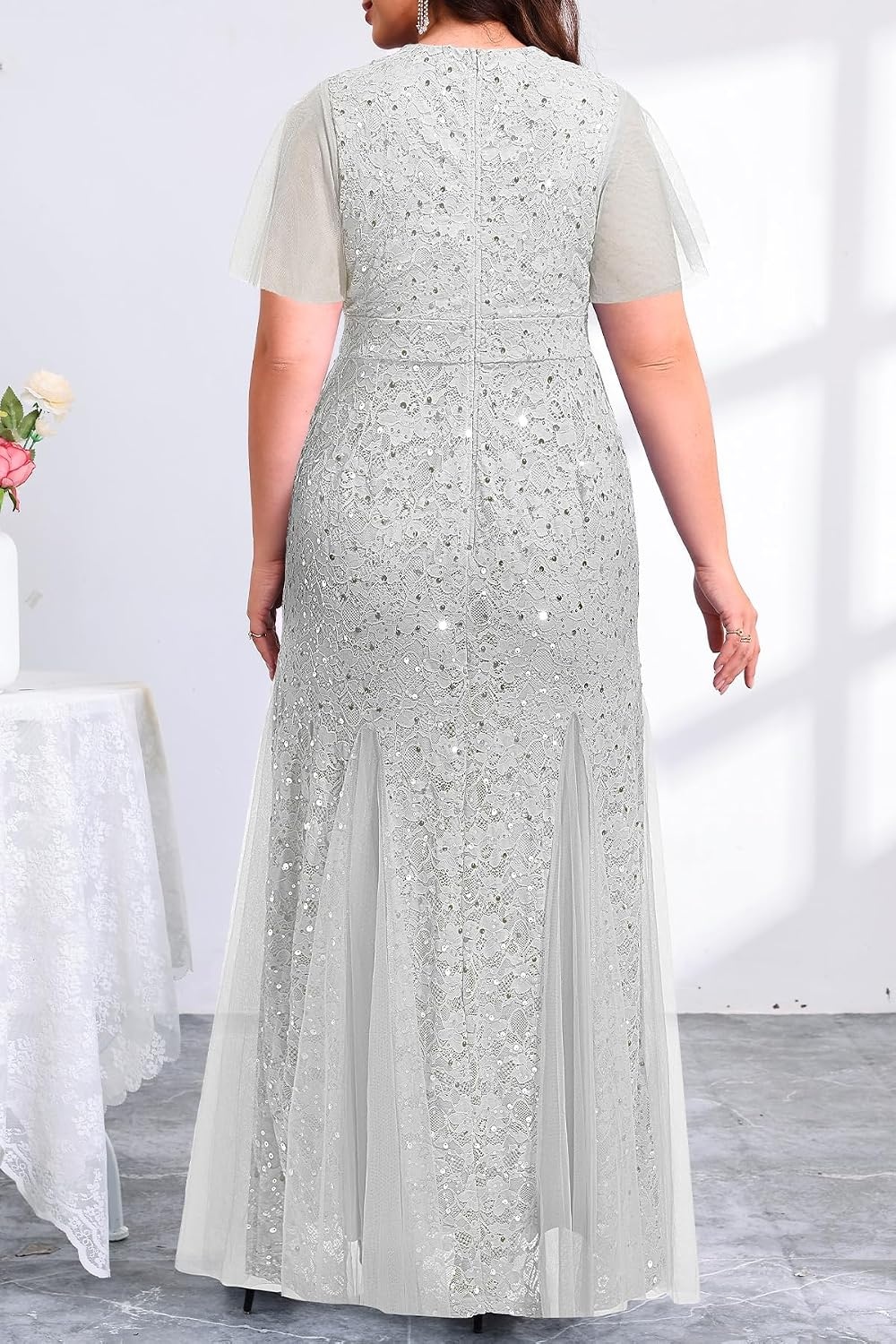 Plus Size Formal Dress Sequin Lace Mermaid Wedding Guest Maxi Gown(Grey)